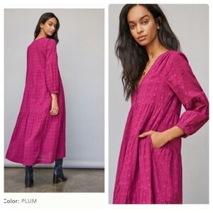 Anthropologie Viola Tiered Maxi Dress Plum Size Small Purple Pink Button Eyelet
